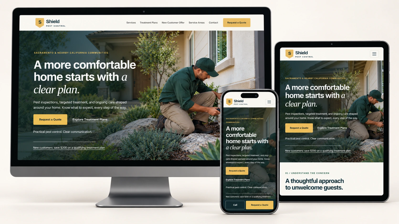 Shield Pest Control website shown inside realistic desktop monitor, iPad-style tablet, and smartphone devices