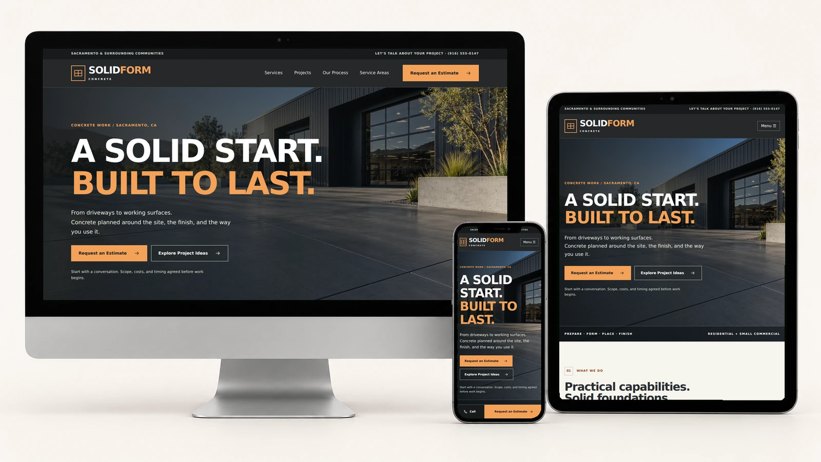 Actual SolidForm Concrete screenshots displayed on a realistic desktop monitor, tablet, and smartphone
