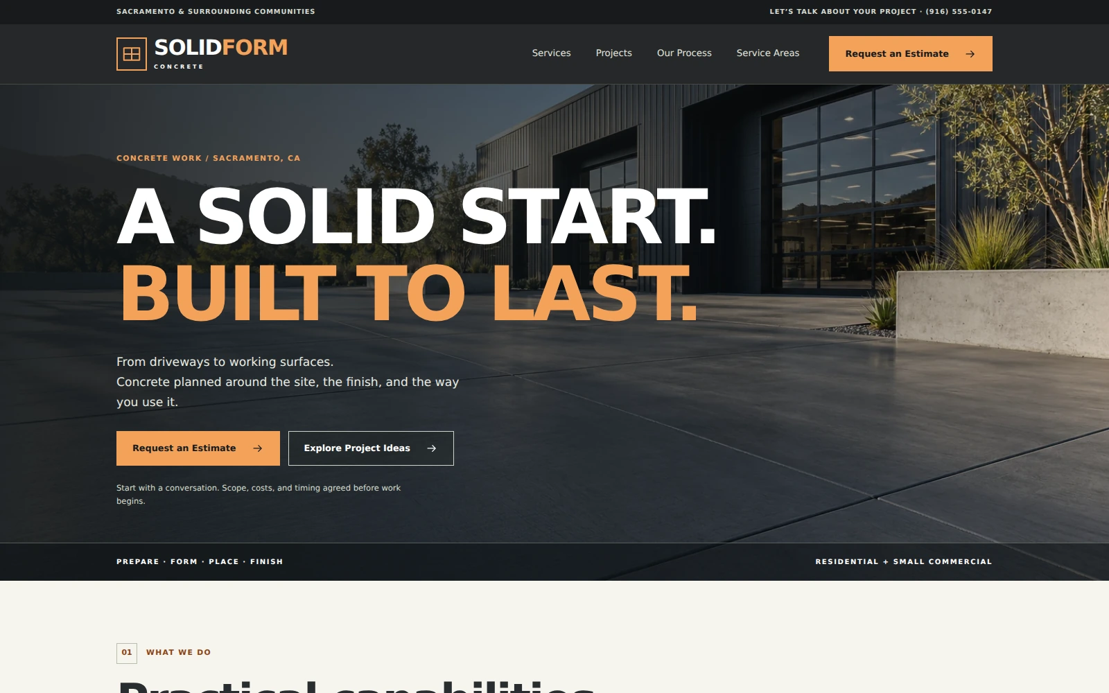 Actual SolidForm Concrete landing page with charcoal-and-orange styling and concrete project photography