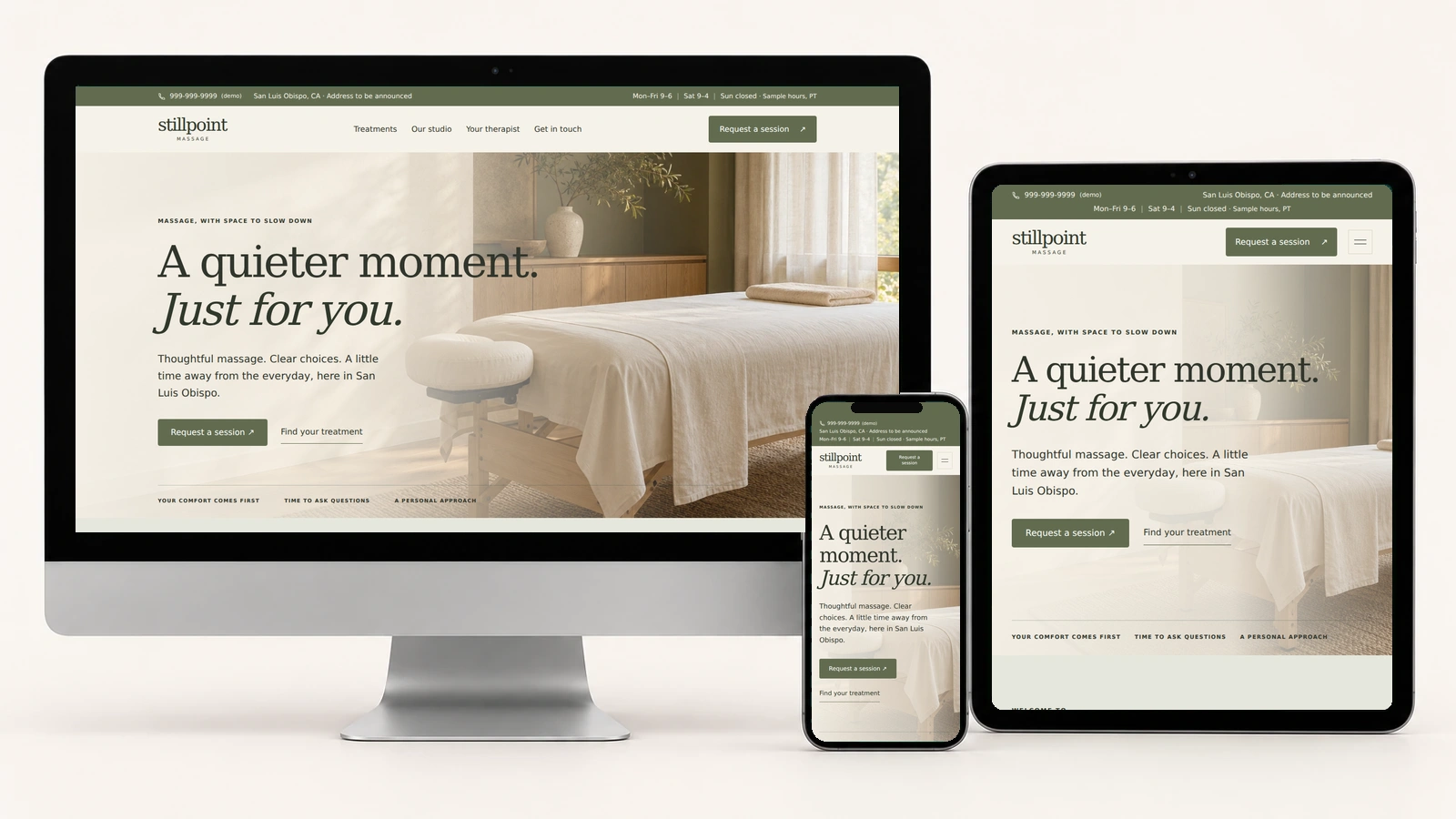Stillpoint Massage on a silver desktop, portrait tablet, and phone, with actual responsive page screenshots