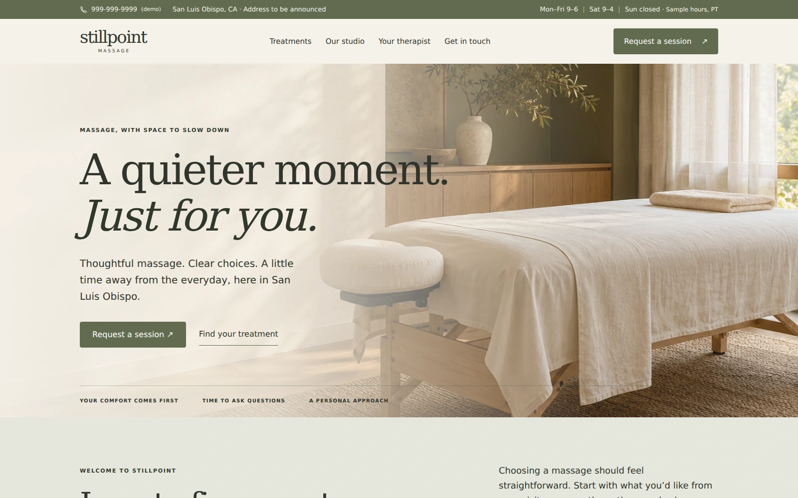 Stillpoint Massage landing page with a quiet treatment-room photograph, treatment links, and a session inquiry