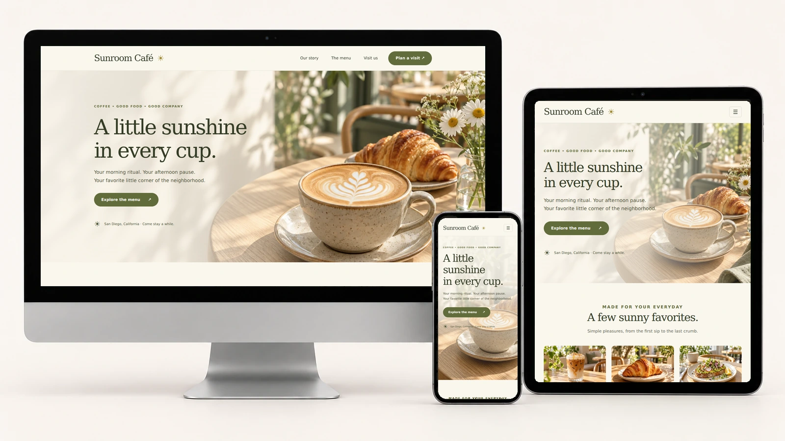 Sunroom Café displayed on a realistic desktop monitor, portrait tablet, and phone using actual responsive screenshots