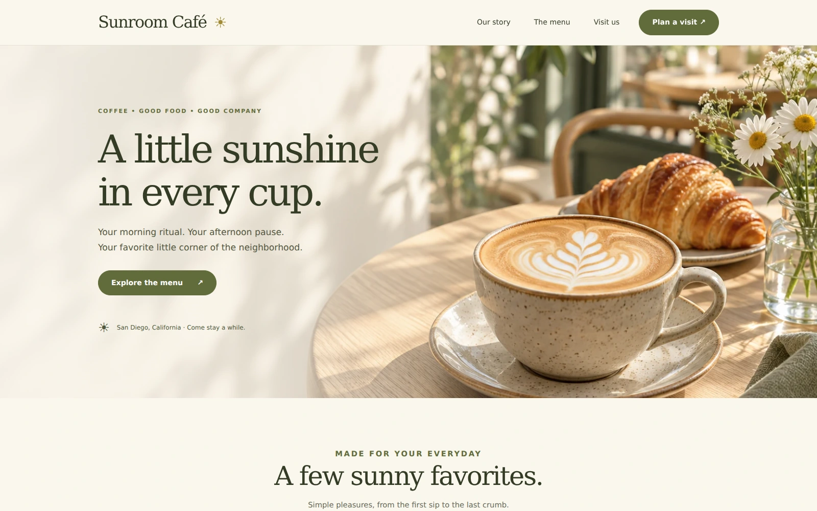 Sunroom Café café landing page with a sunny coffee hero, warm cream background, olive typography and pale-yellow accents