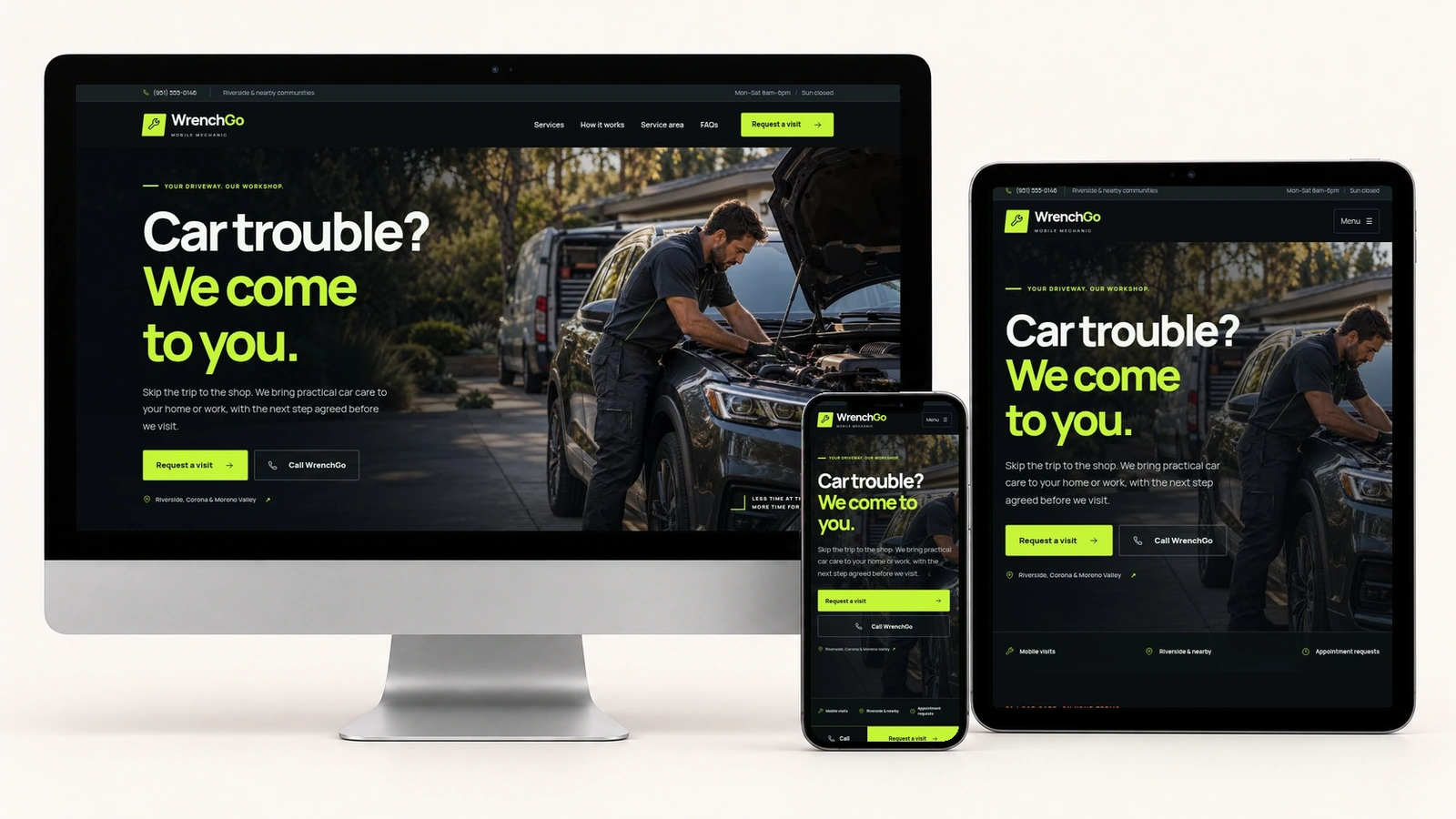 WrenchGo Mobile displayed on a silver desktop, portrait tablet, and phone using actual responsive page screenshots