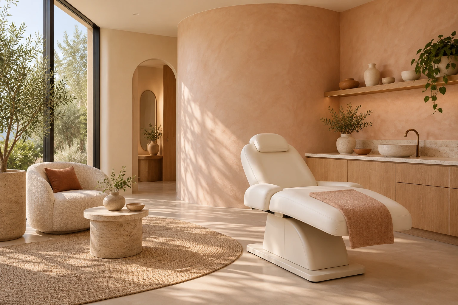 Illustrative modern skincare studio with ivory furnishings and warm plaster walls