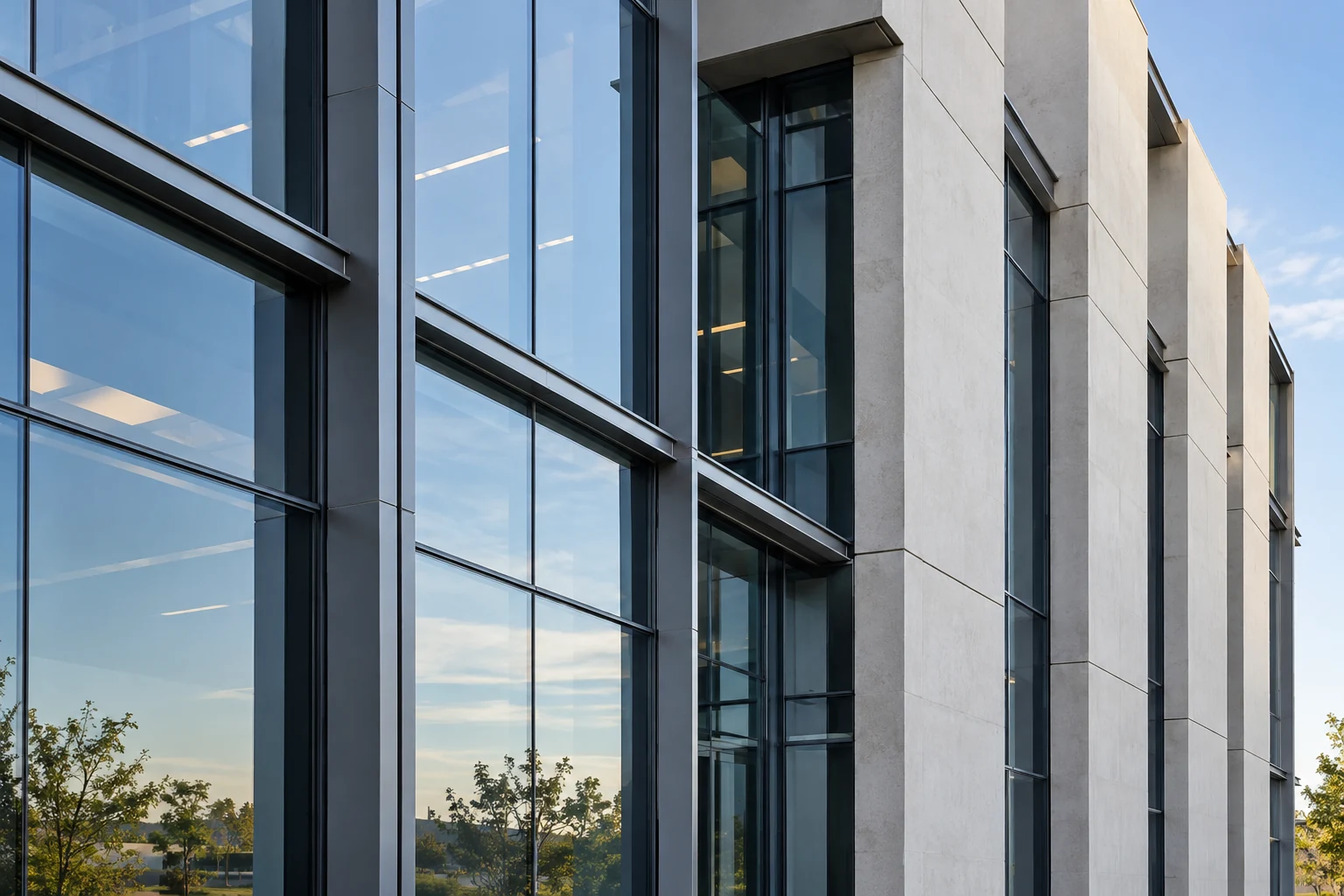 Glass and precast facade of a commercial building, illustrative architectural detail