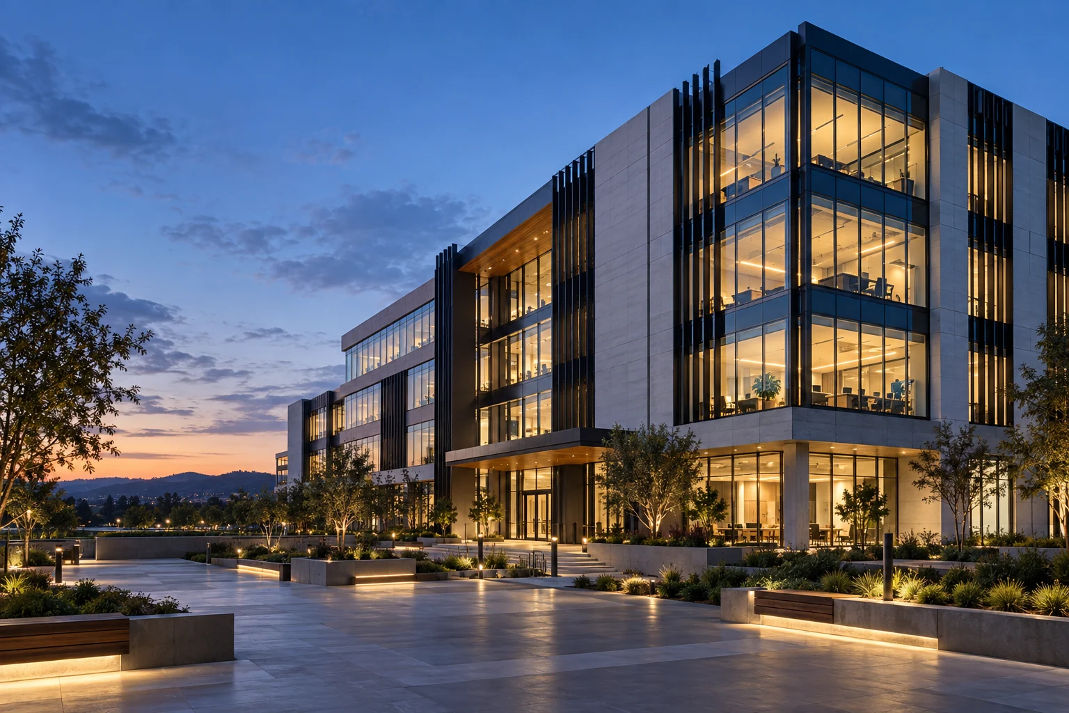 Modern commercial office campus at dusk, illustrative architectural concept