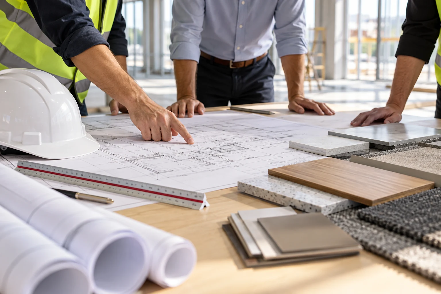 Commercial construction plans and material samples, illustrative planning photograph