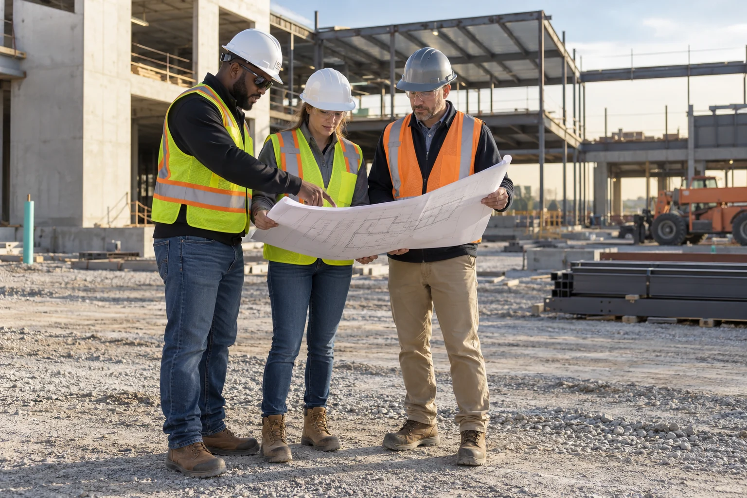 Commercial construction professionals reviewing plans at an inactive building site, illustrative team photograph