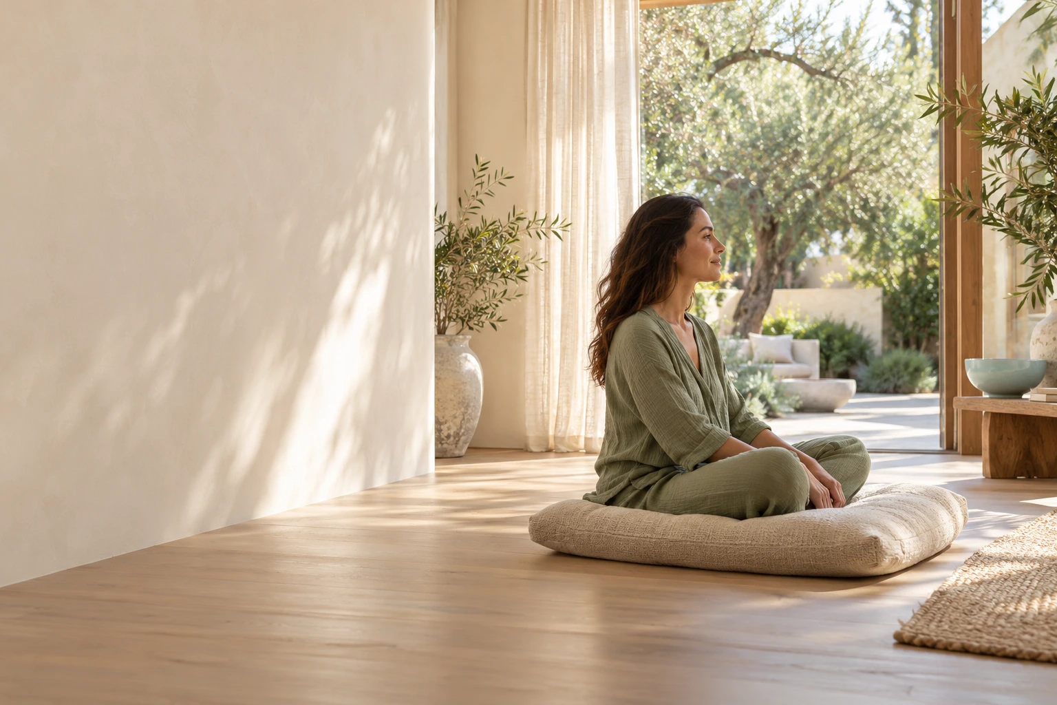 Illustrative sunlit wellness studio with a woman seated beside an open courtyard