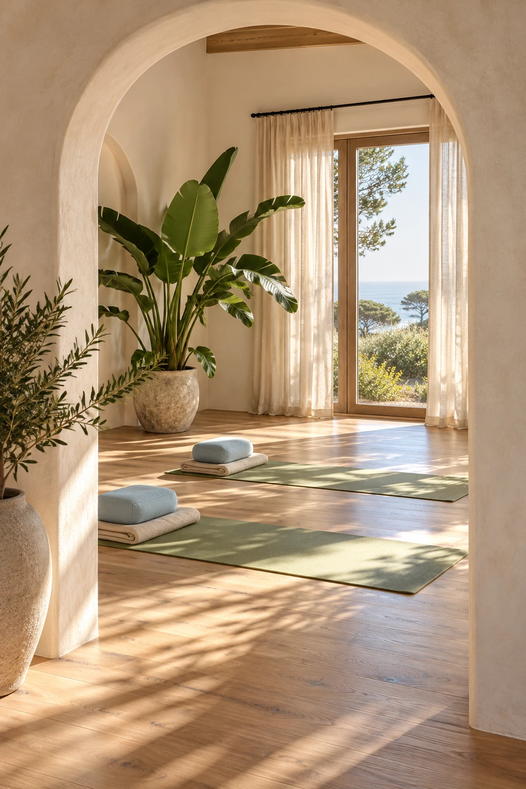 Illustrative cream and sage studio with mats, cushions, and daylight