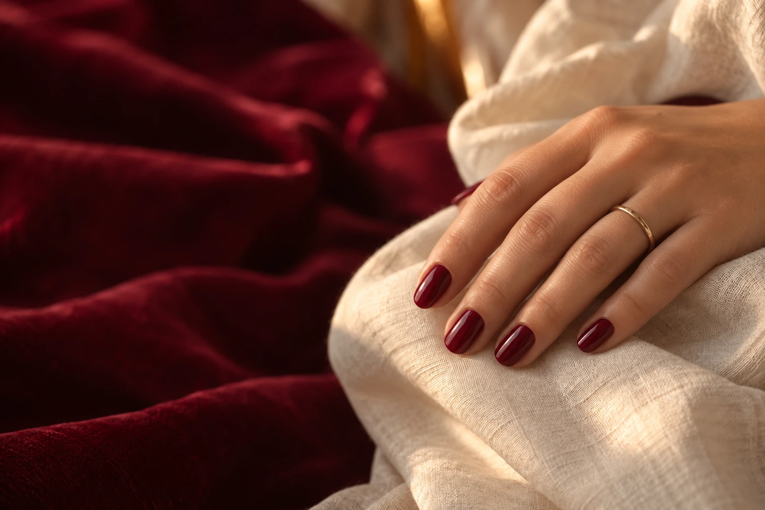 Burgundy almond-shaped manicure resting on cream linen