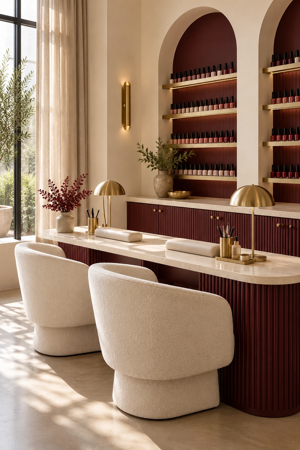 Warm cream and burgundy nail salon interior concept
