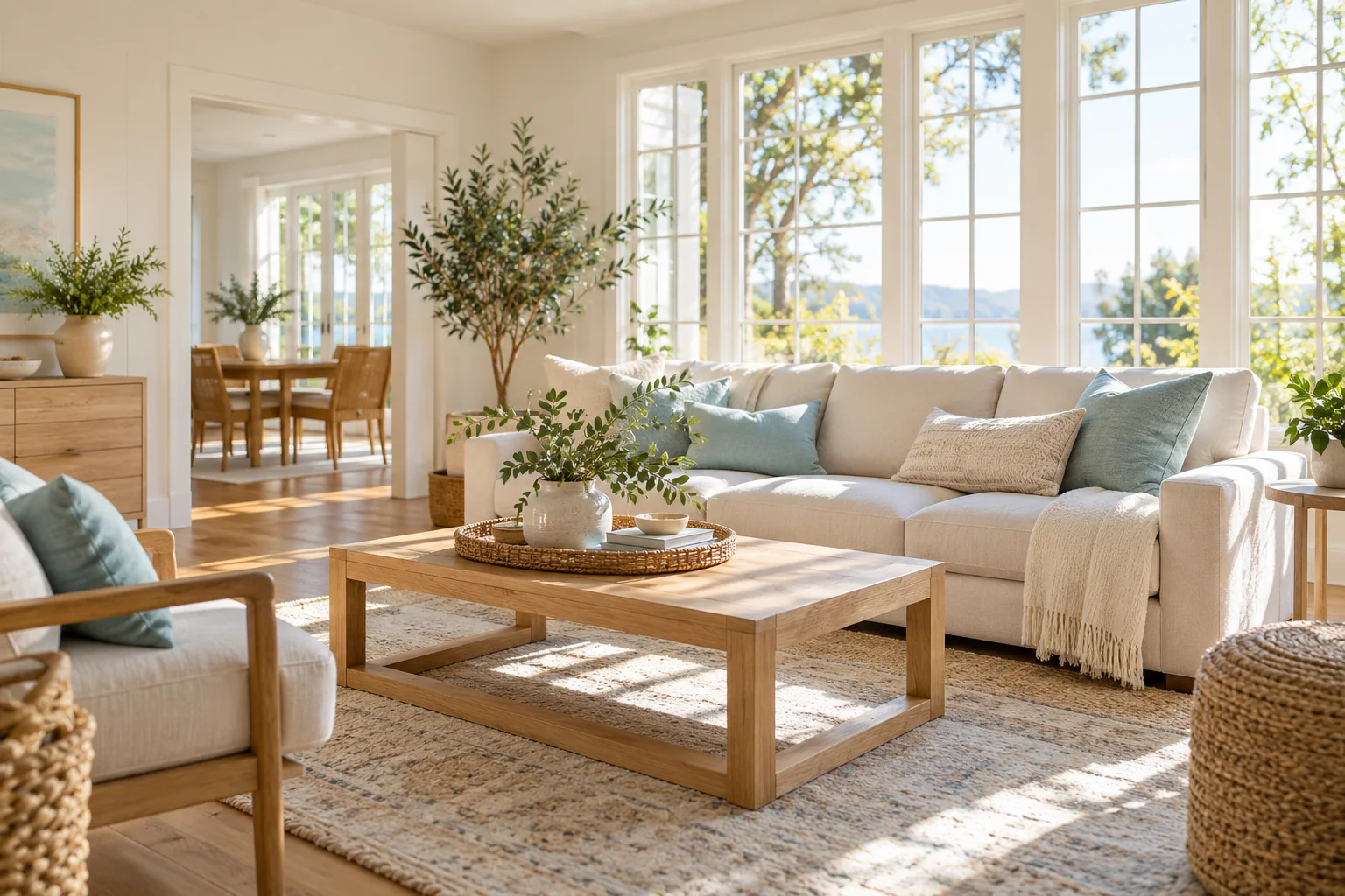 Sunlit living room with clean surfaces and welcoming natural textures