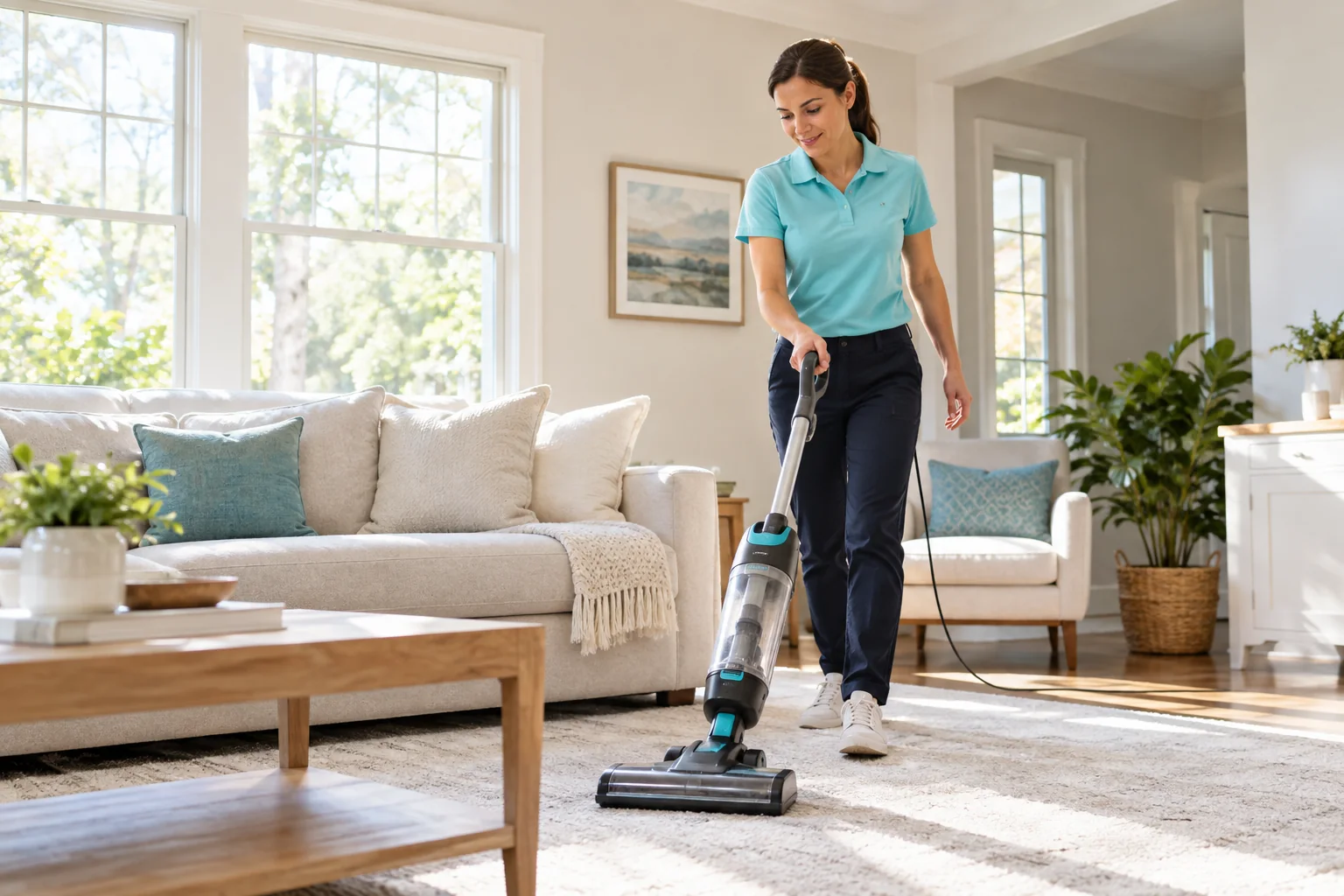 Cleaning professional vacuuming a tidy living room