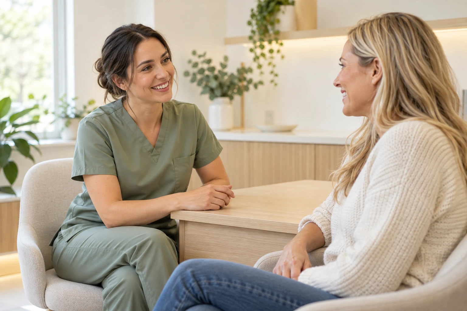 A dental professional and visitor sharing a relaxed conversation in a bright consultation room