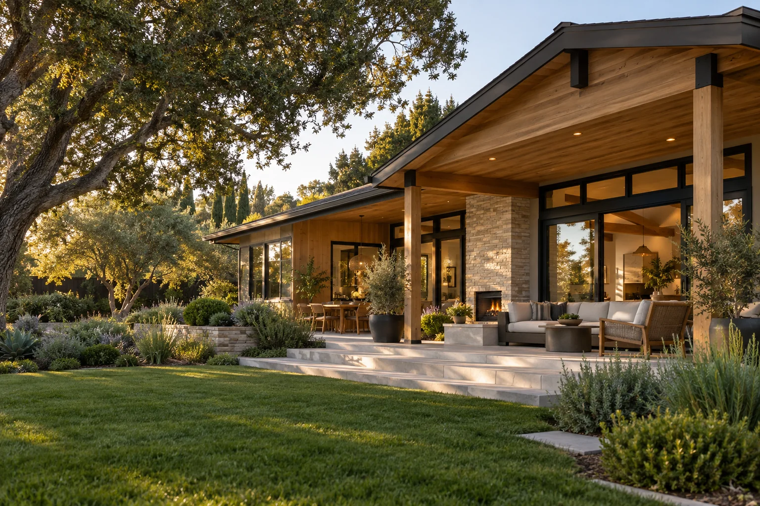 Contemporary California home with timber cladding and a covered porch, illustrative design concept