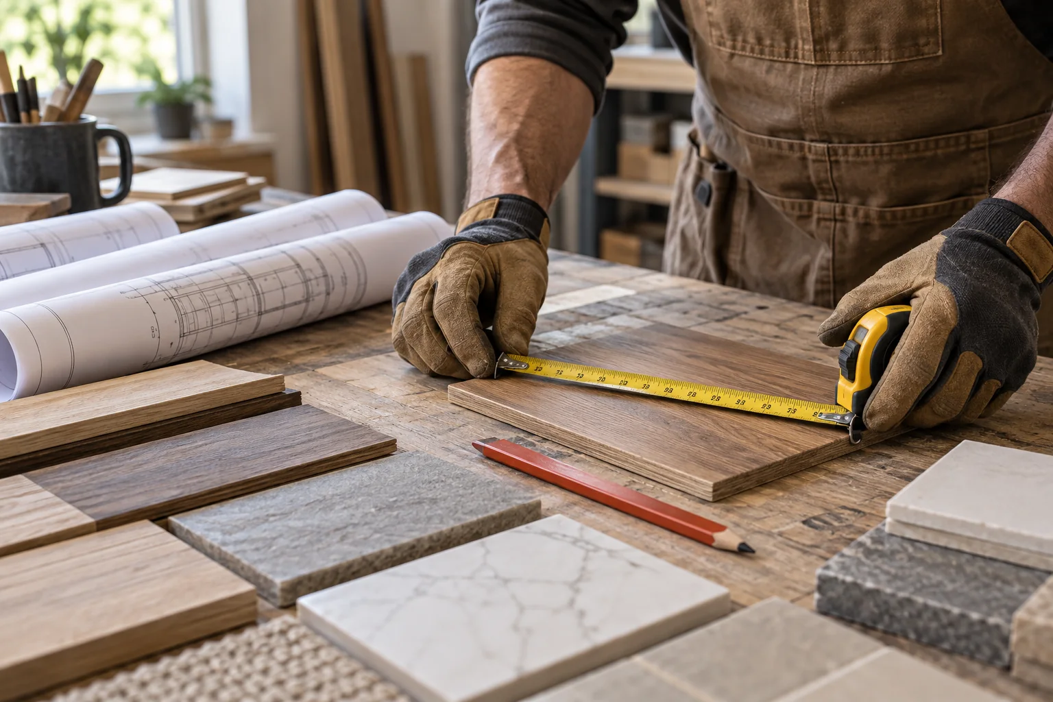 Contractor planning with drawings, finish samples, and a tape measure