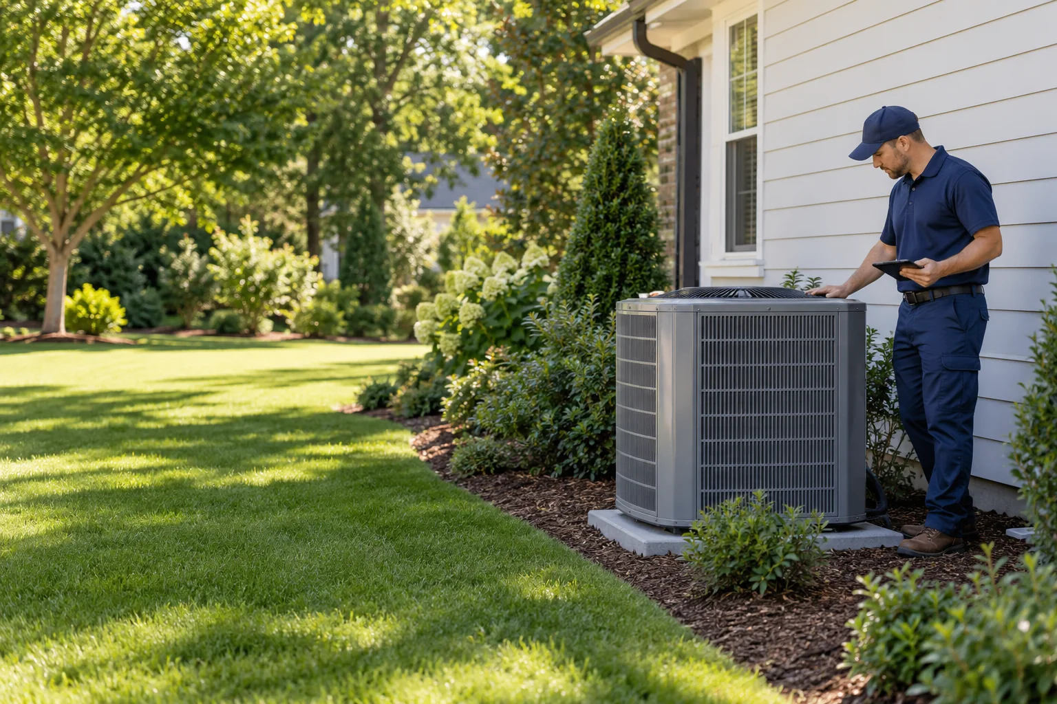 HVAC technician inspecting a closed outdoor condenser beside a tidy residential home