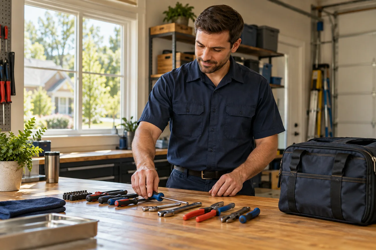 HVAC technician preparing neatly organized hand tools on a clean workbench