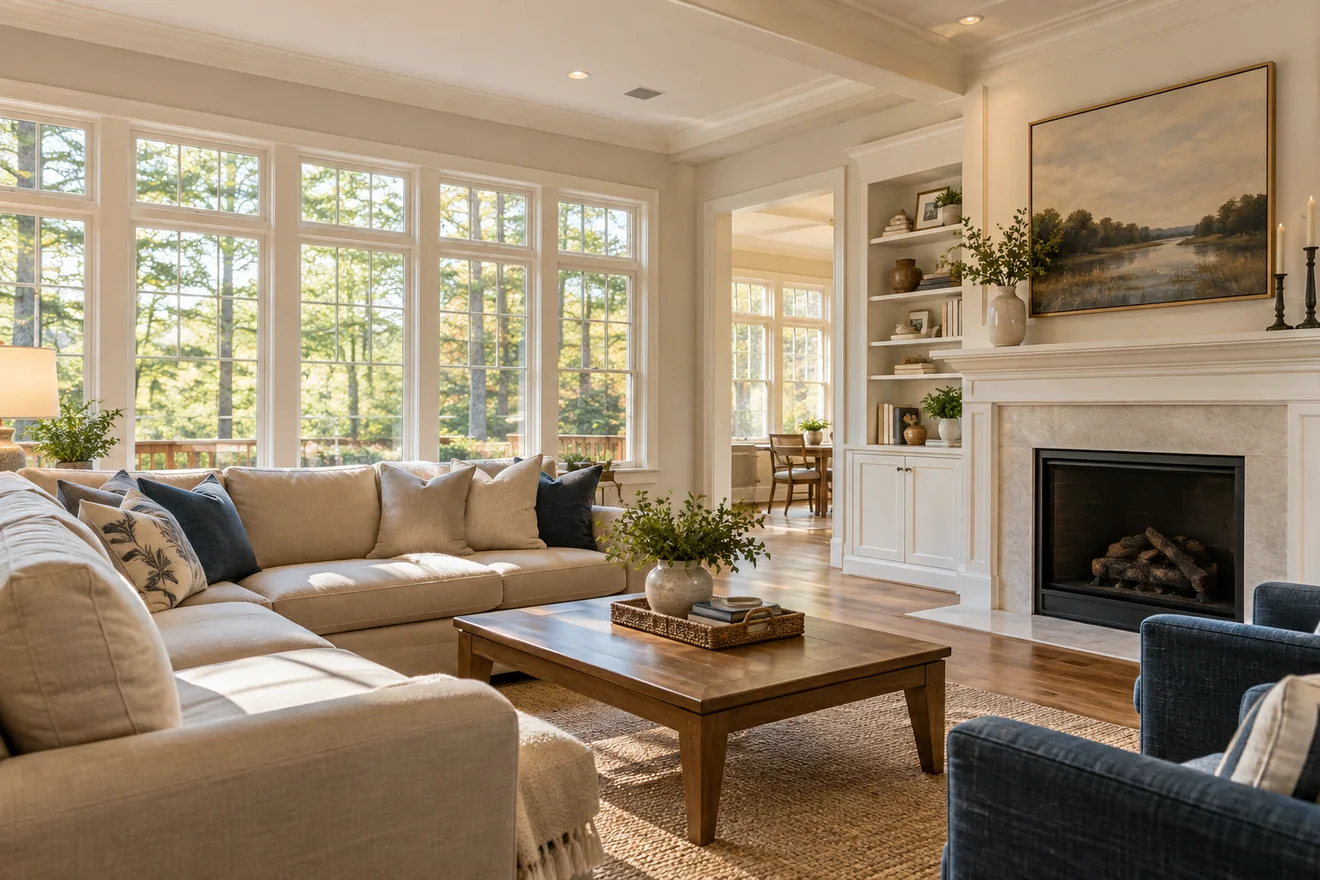 Inviting living room with comfortable seating, natural light, and subtle ceiling ventilation