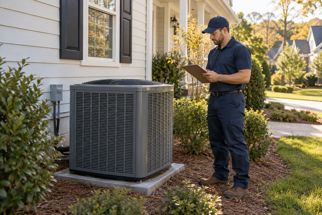 HVAC technician reviewing a maintenance checklist beside a closed residential outdoor unit