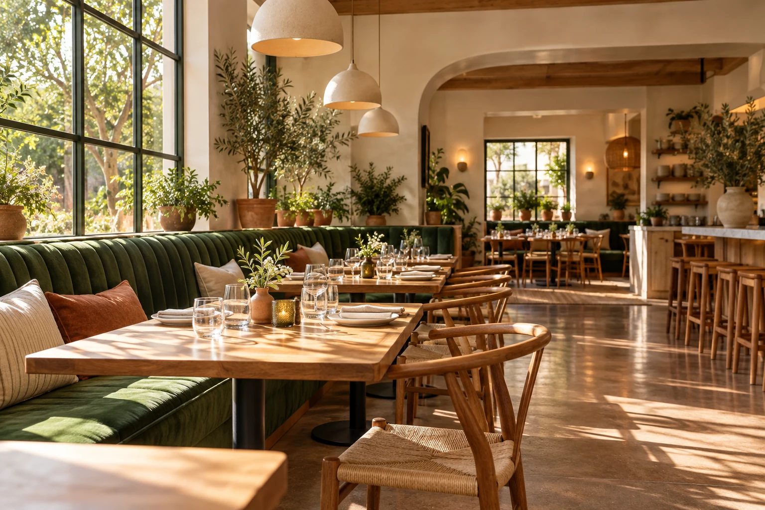 Warm wood tables, green banquette seating and plants in a sunlit dining room
