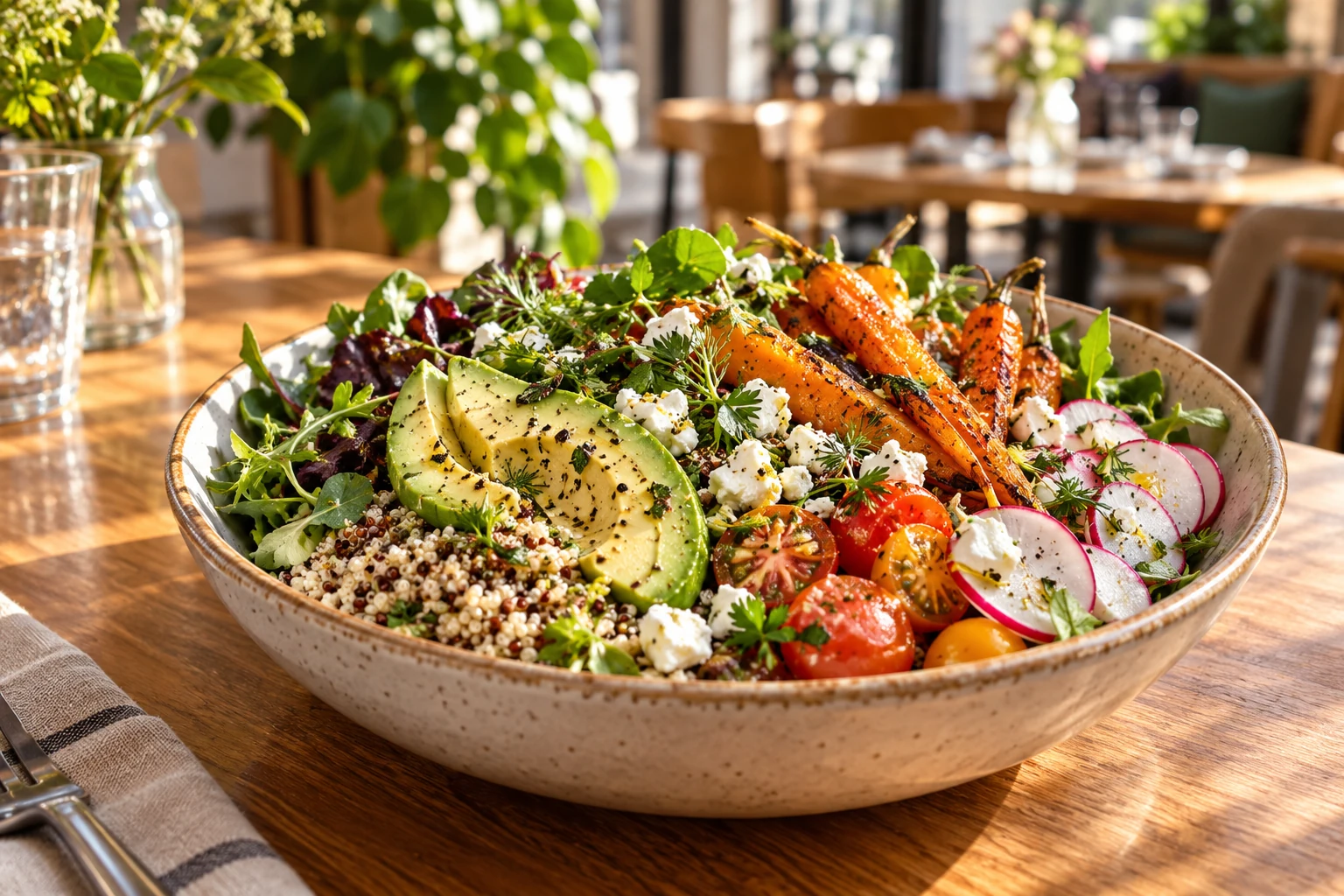 Garden bowl with quinoa avocado roasted carrots and feta