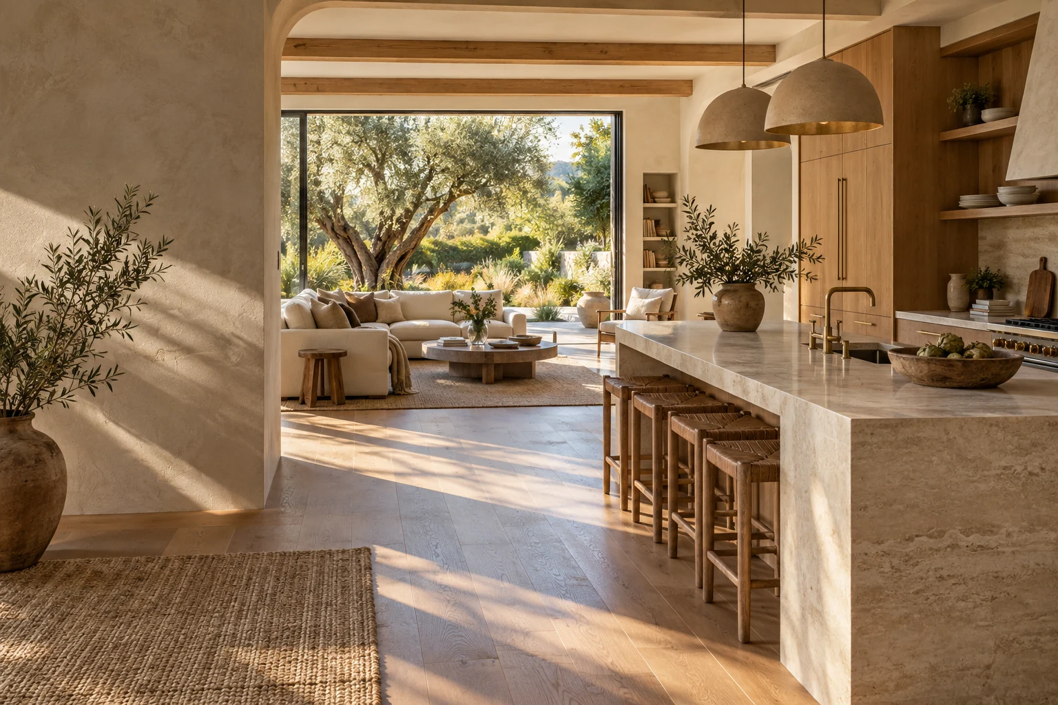 Warm oak kitchen opening to a garden-facing living space, illustrative remodeling concept