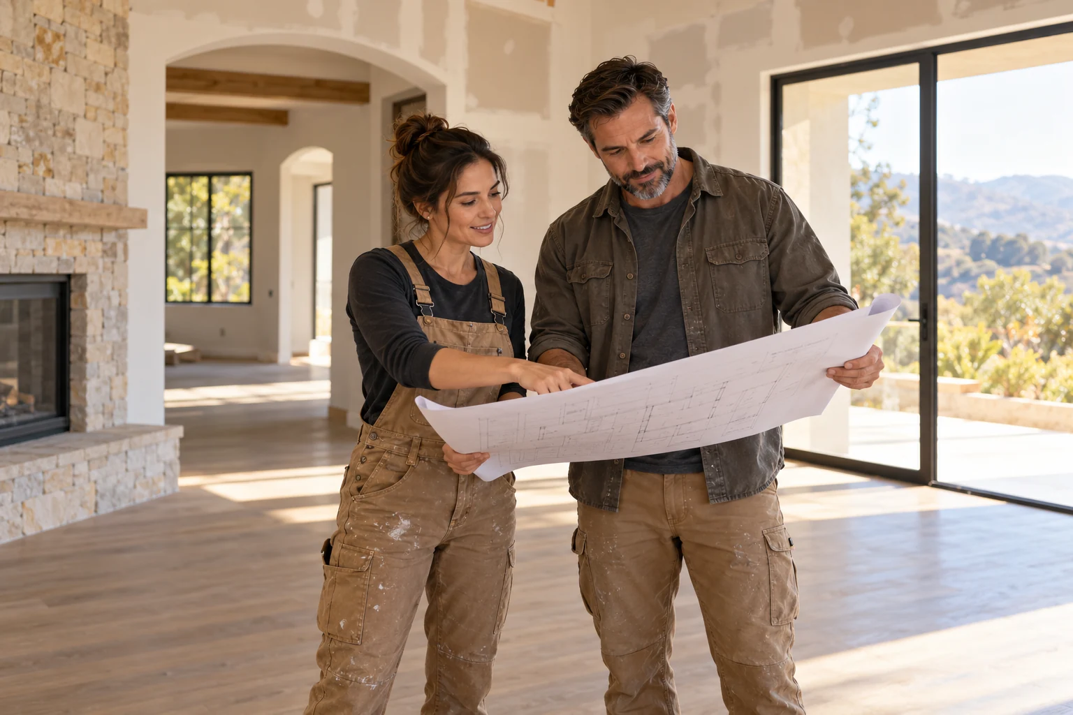 Two contractors reviewing drawings at an inactive residential site, illustrative team photograph
