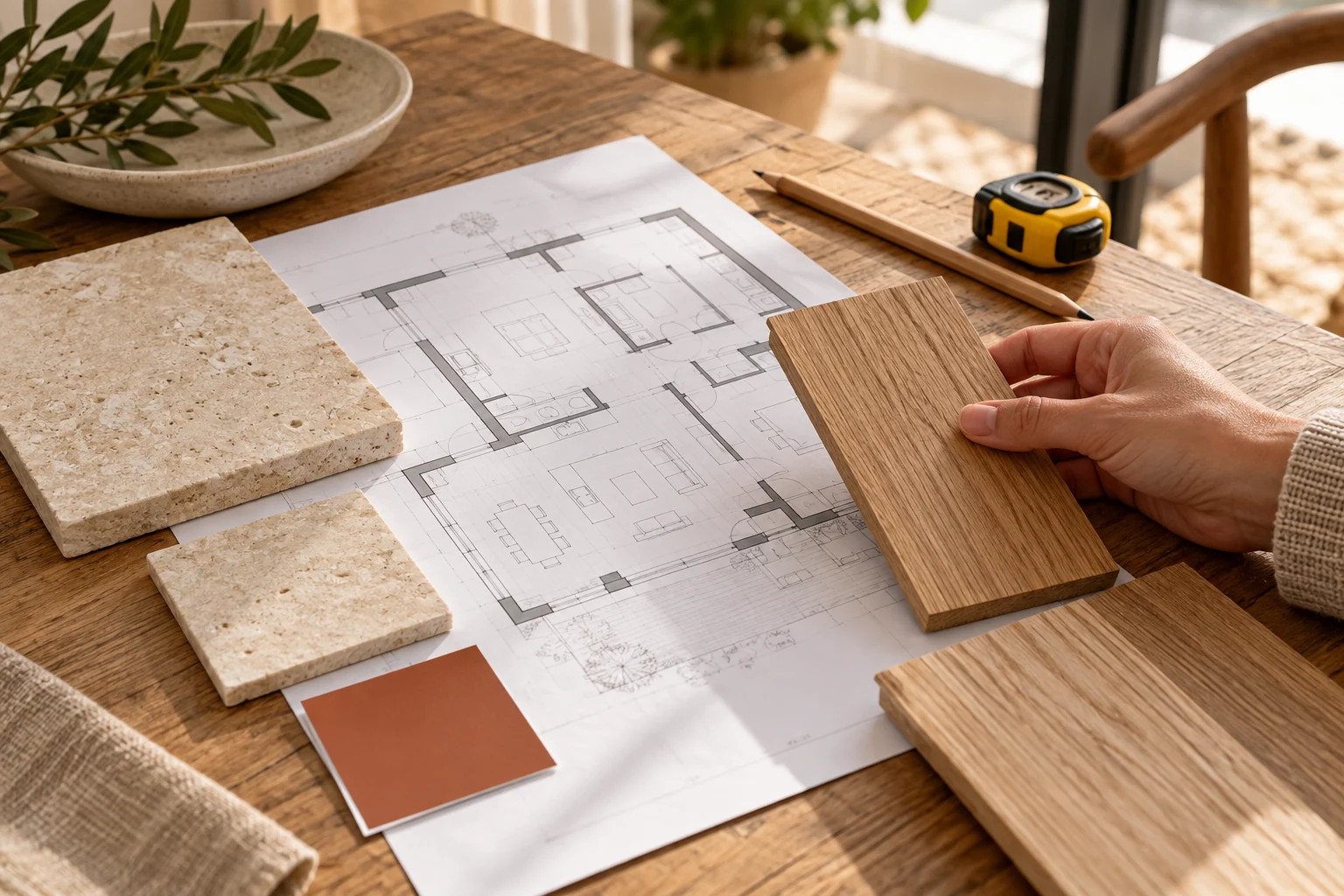 Contractor planning with drawings, finish samples, and a tape measure