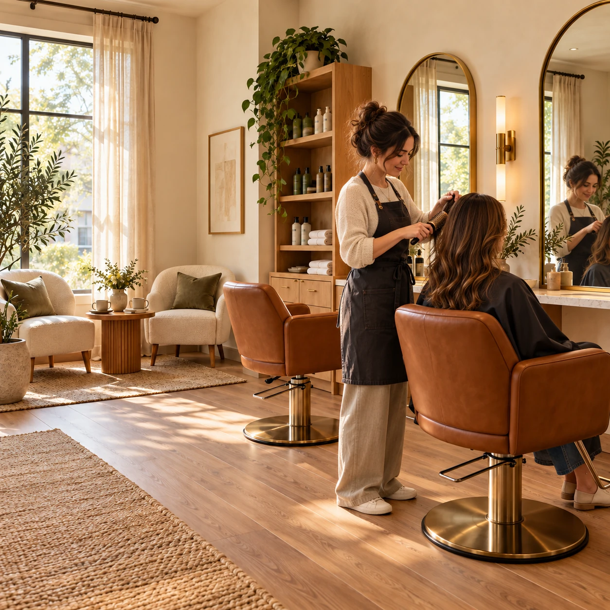 Thoughtfully arranged styling stations in a hair studio