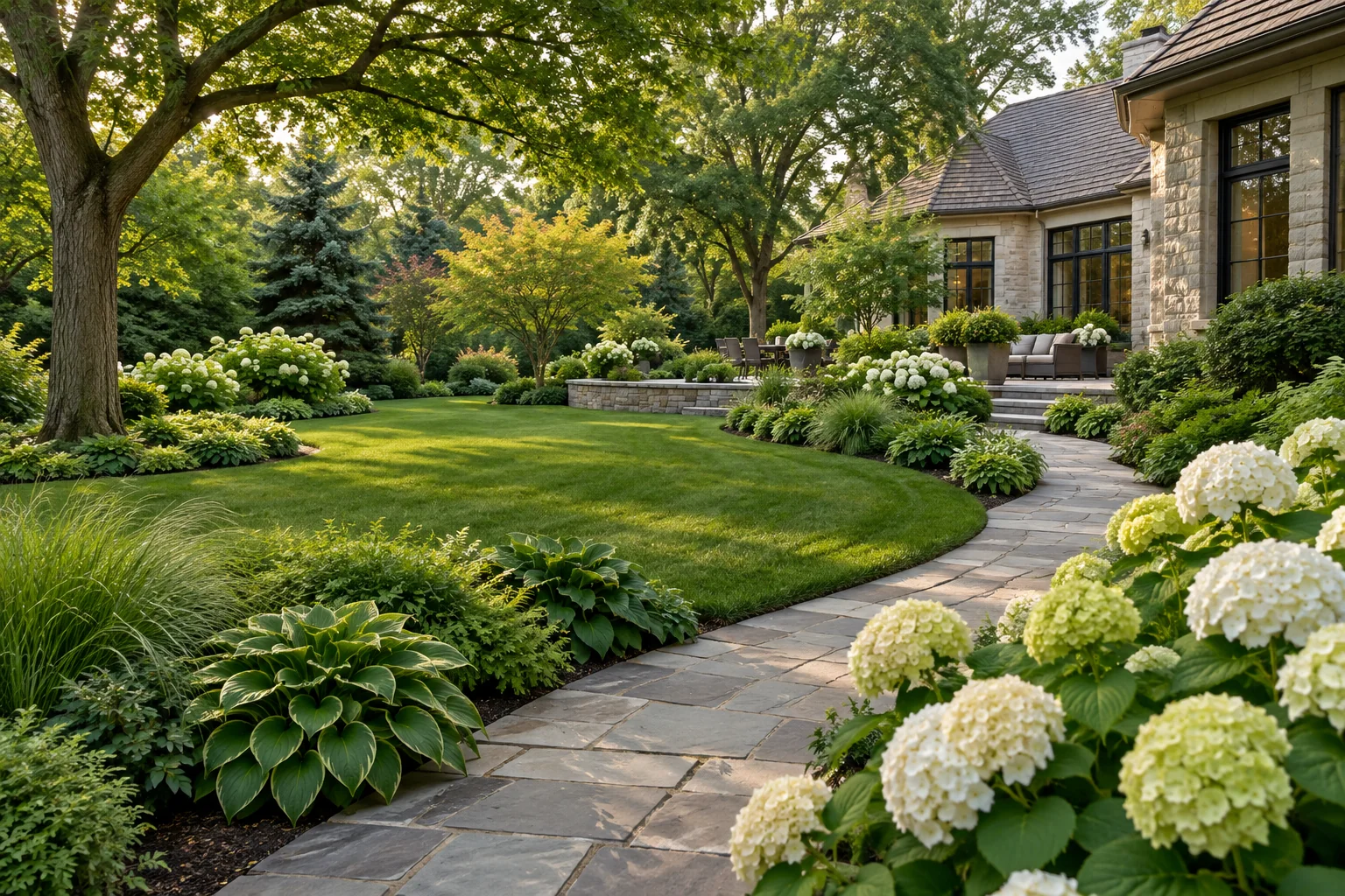 Layered garden planting beside a lawn and welcoming stone path