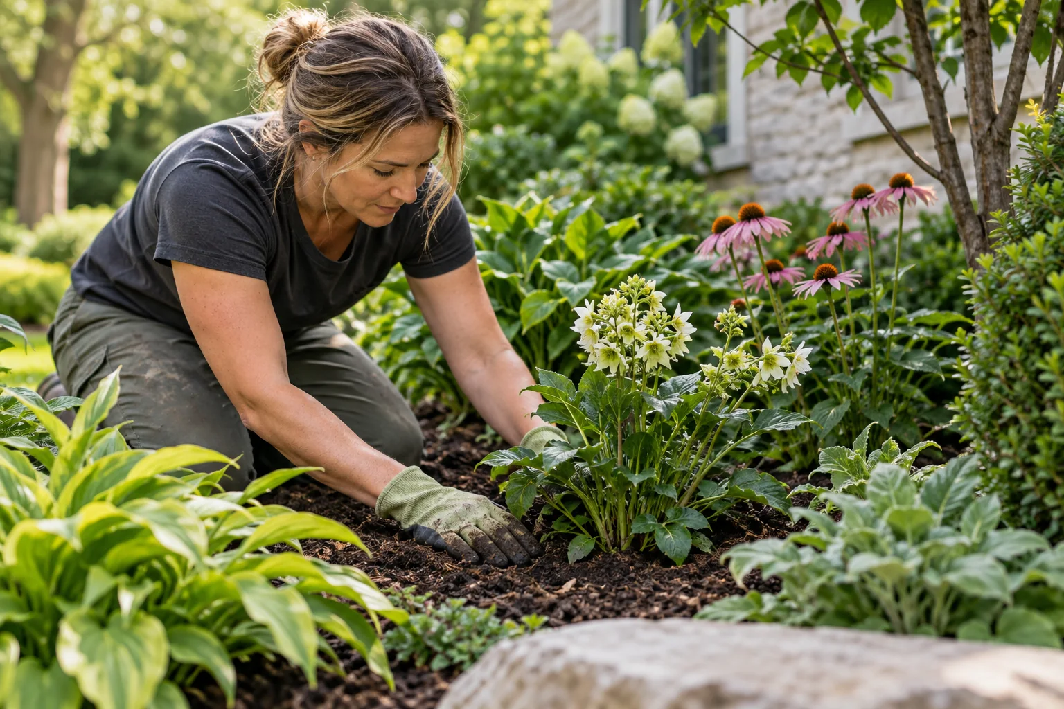 Gardener carefully tending a planted garden bed