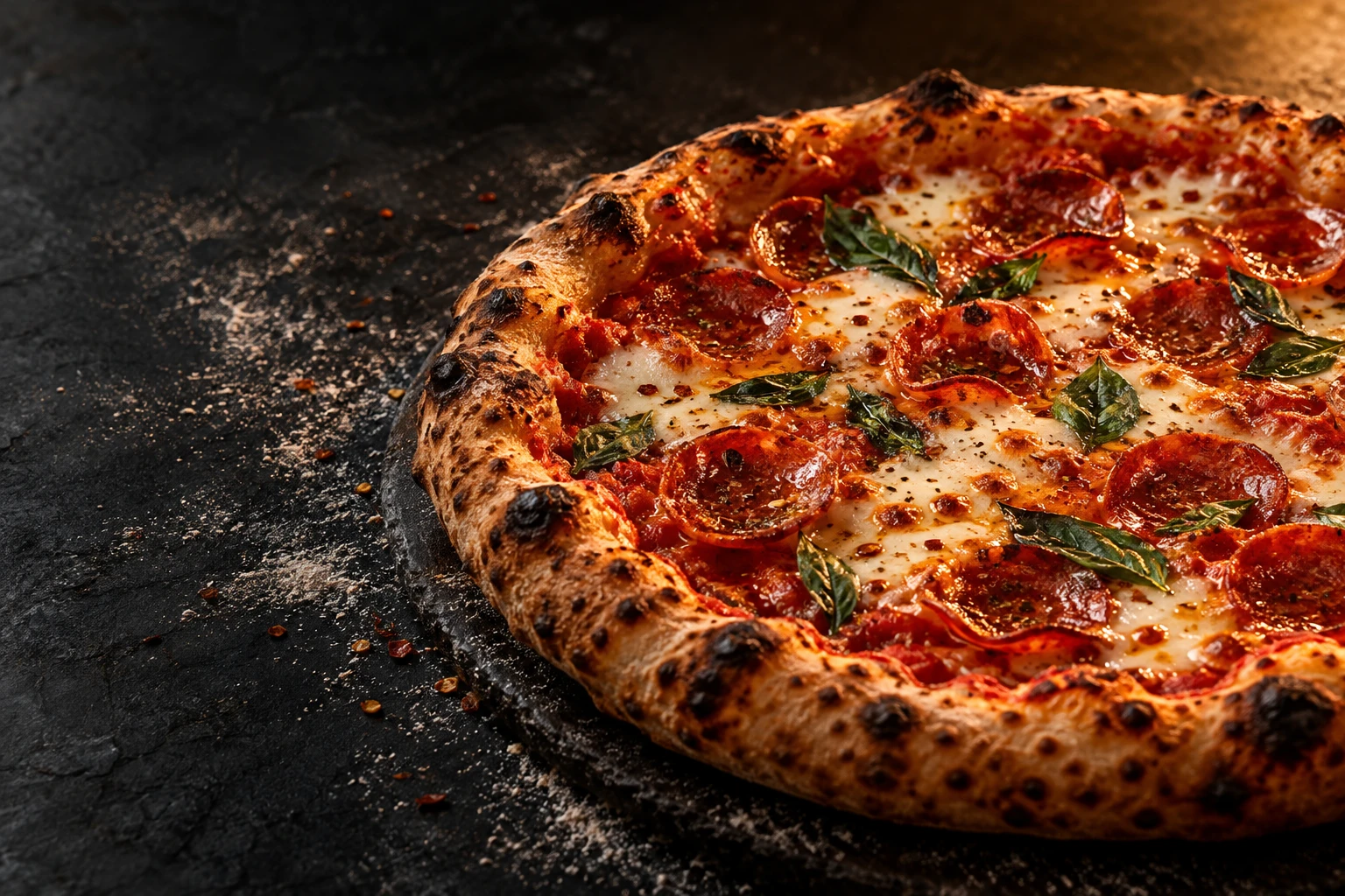 Pepperoni pizza with a blistered crust and fresh basil
