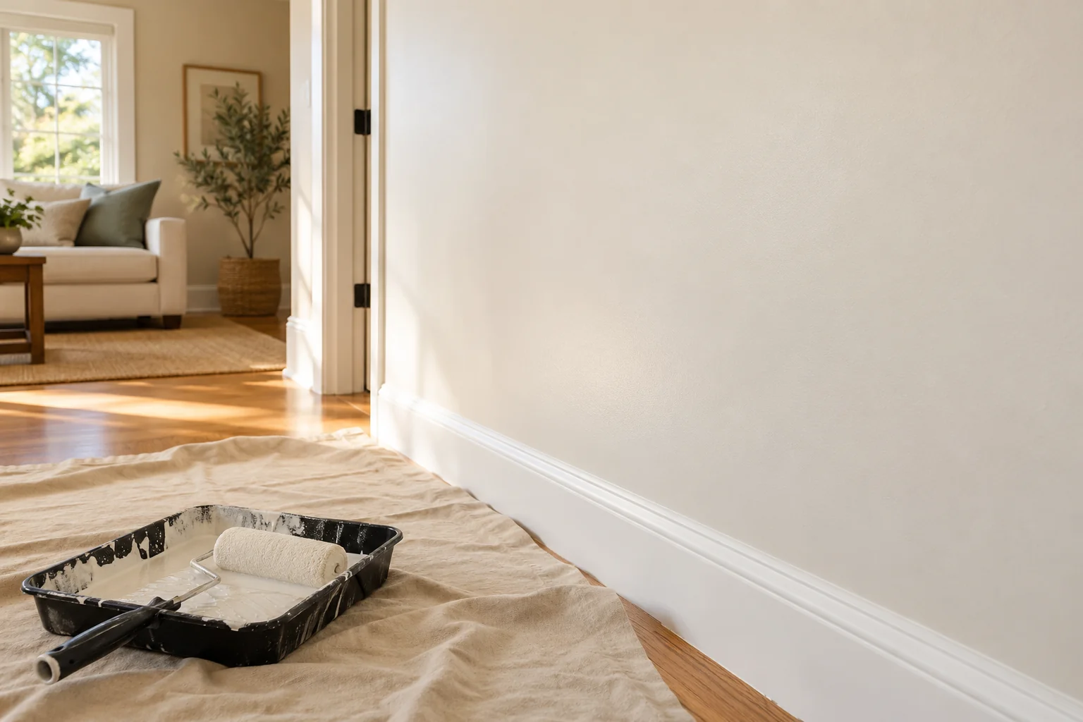 Finished interior wall with a smooth painted surface