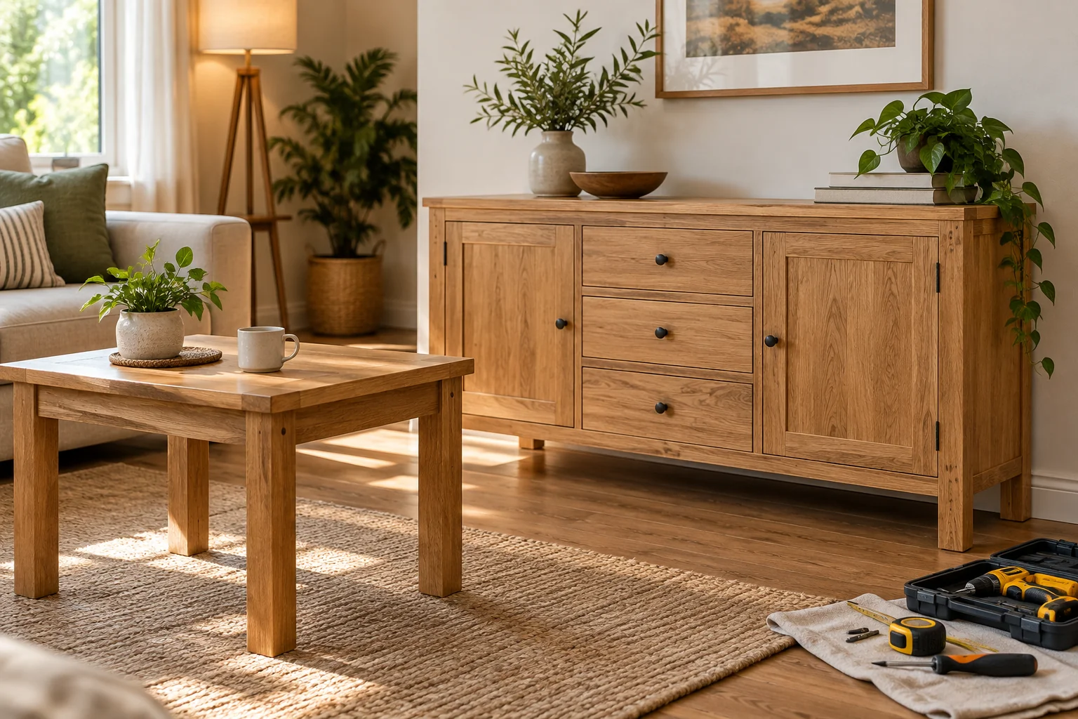 Assembled oak furniture in a bright room