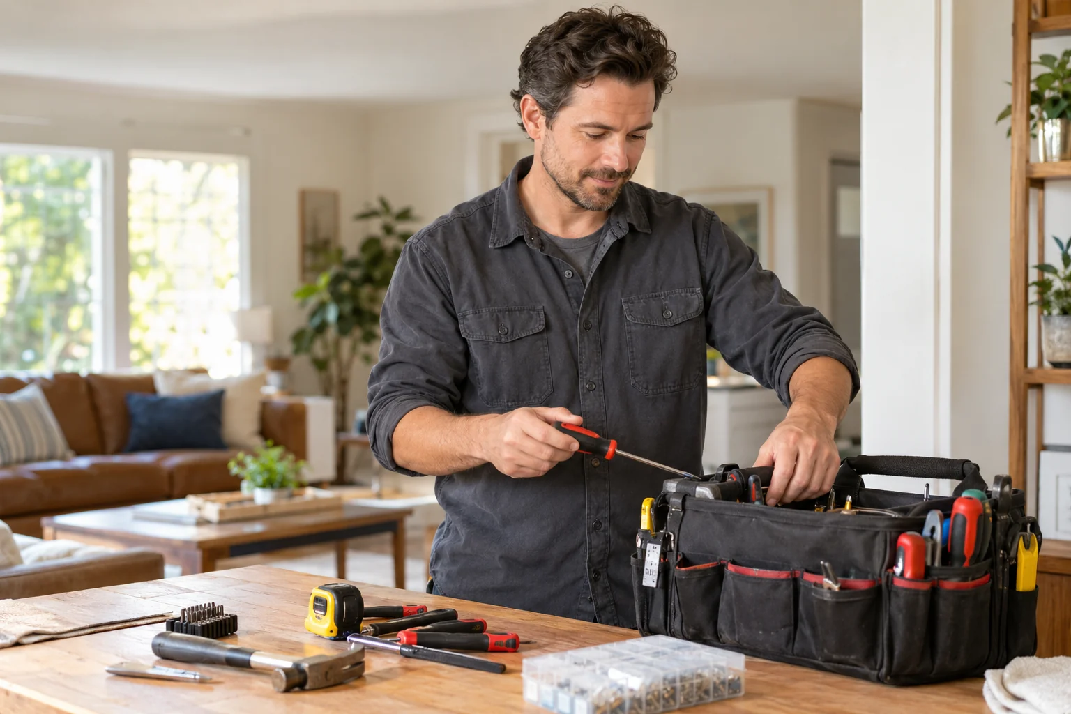 Handyman preparing an organized set of tools in a tidy workspace