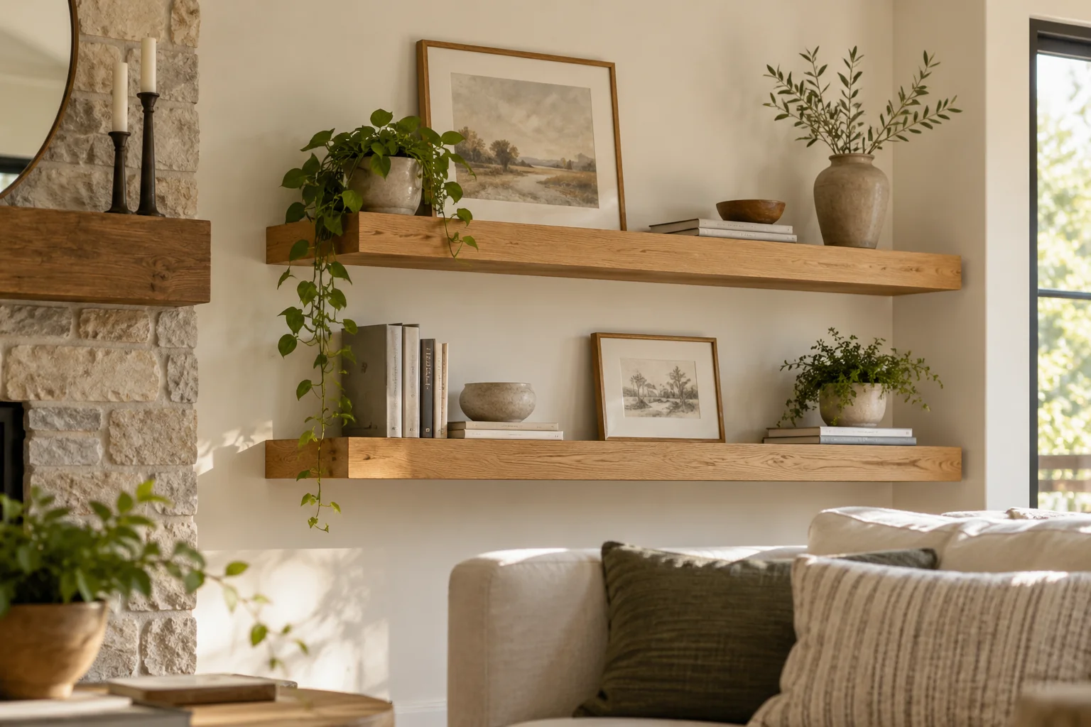 Neatly installed wooden wall shelving