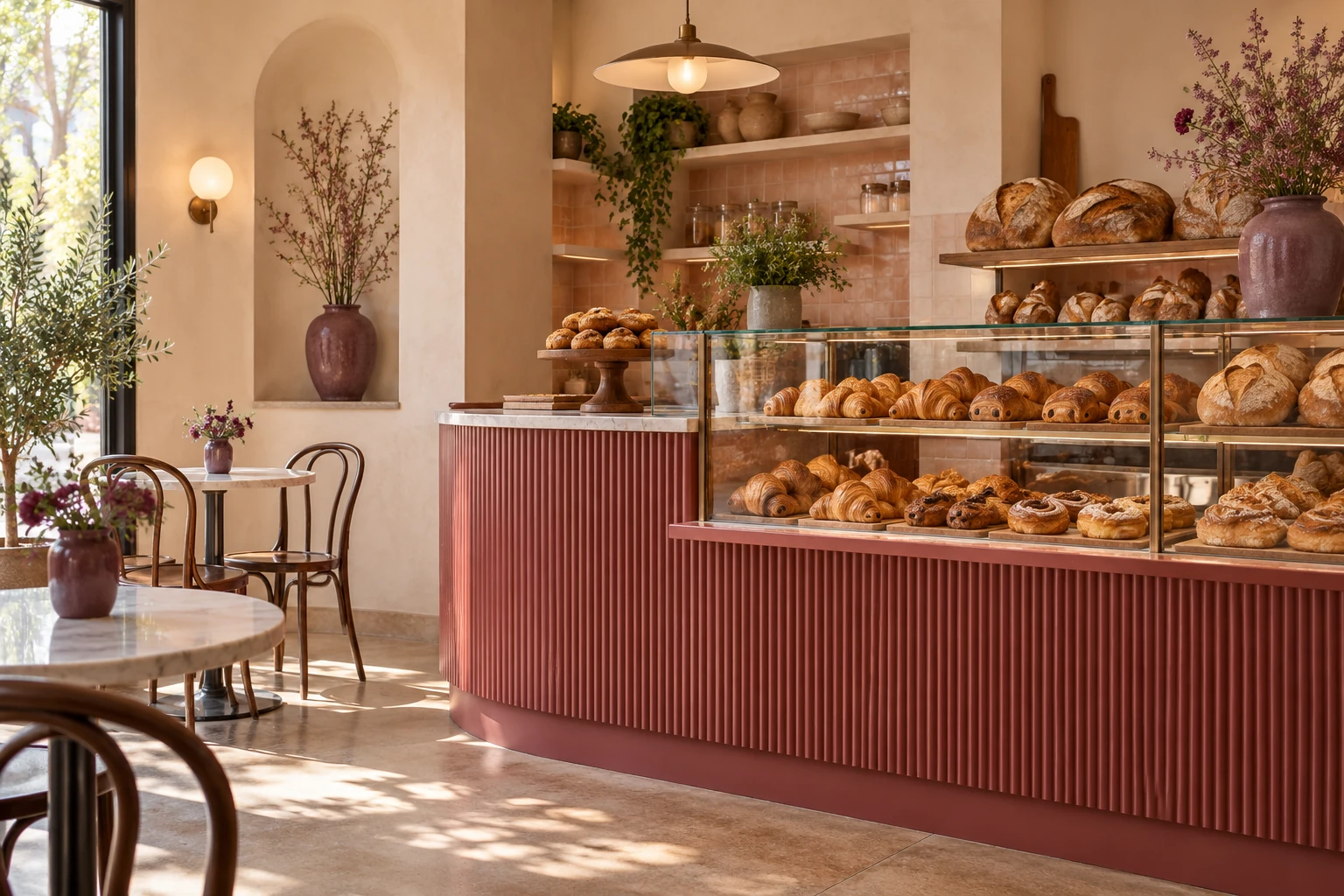 Bakery interior concept with raspberry counter, pastry display, and sunlit café tables