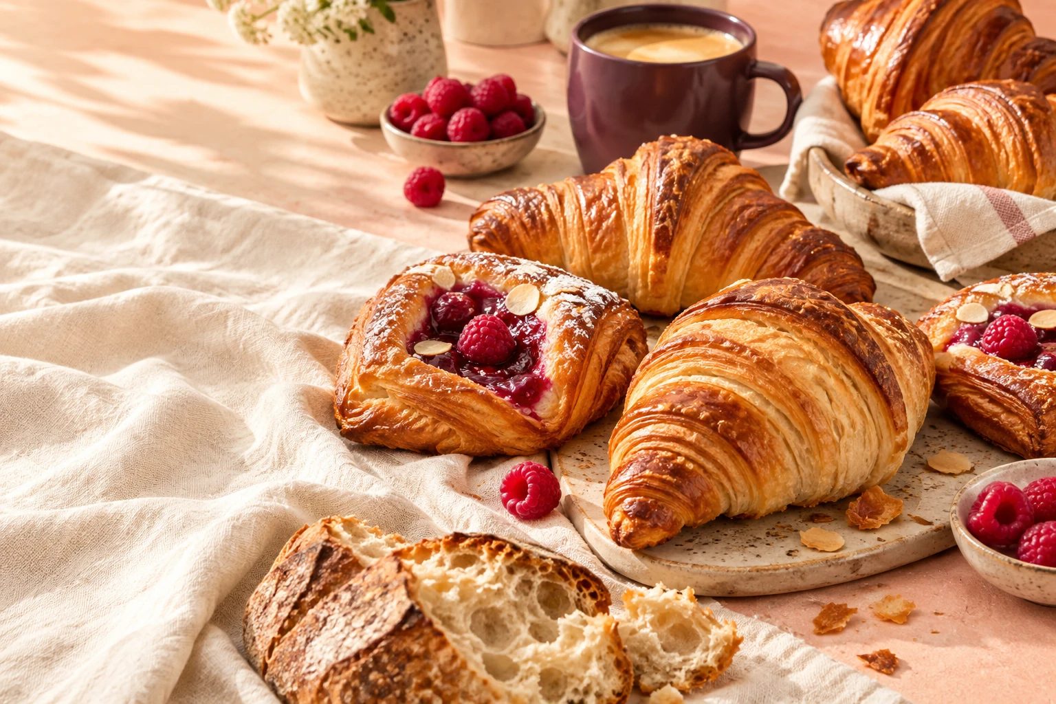 Flaky croissants, raspberry pastries, sourdough, and coffee on a softly lit breakfast table