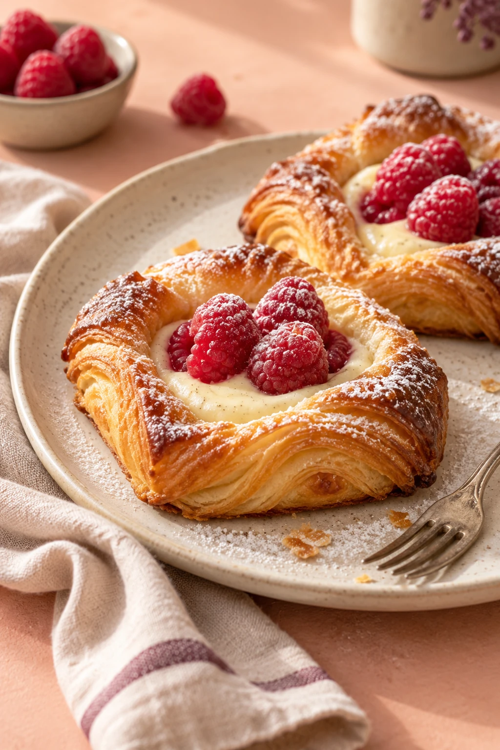 Raspberry vanilla danishes on a cream ceramic plate