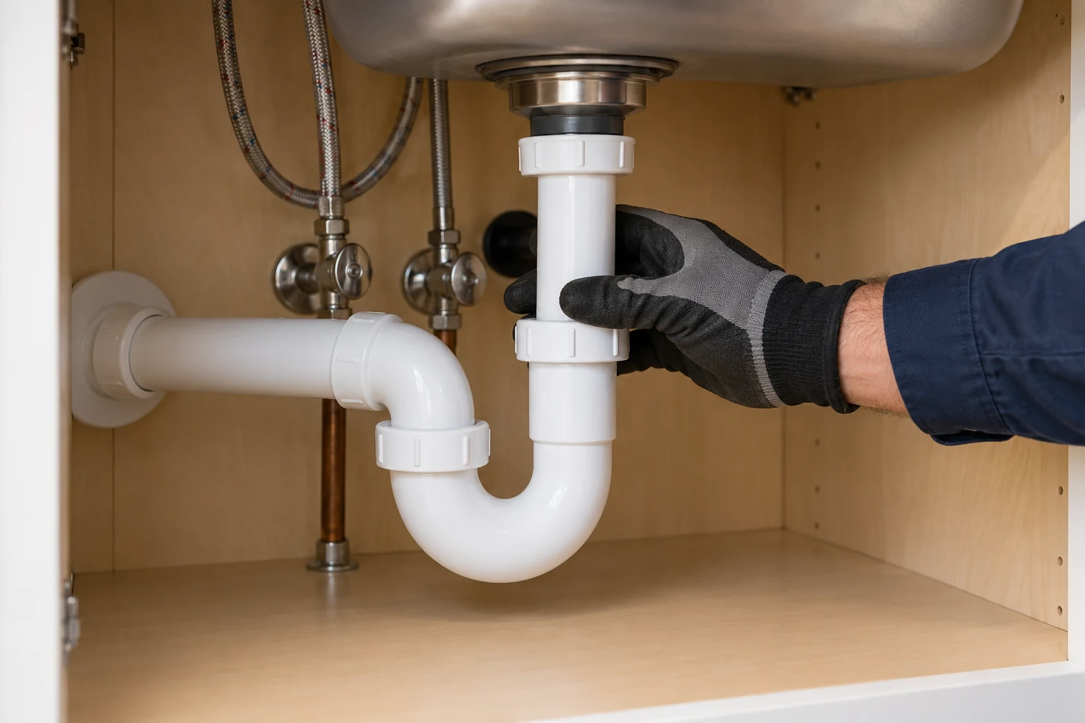 Plumber inspecting a tidy under-sink drain assembly