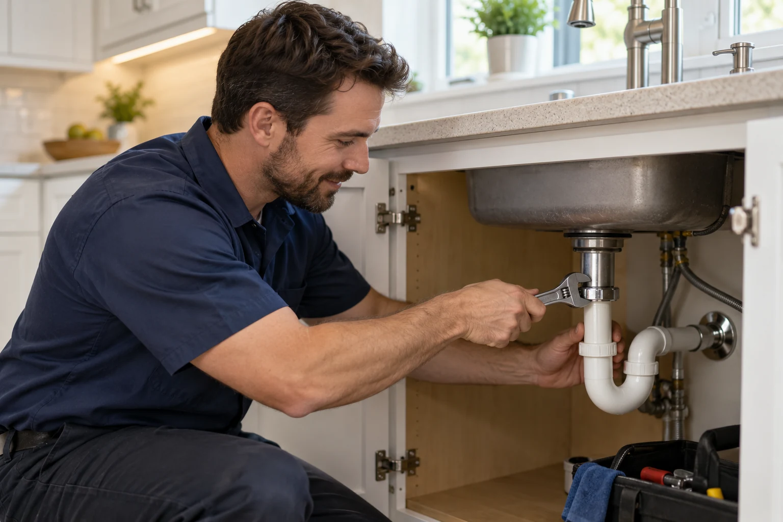 Plumber carefully working on plumbing beneath a residential sink