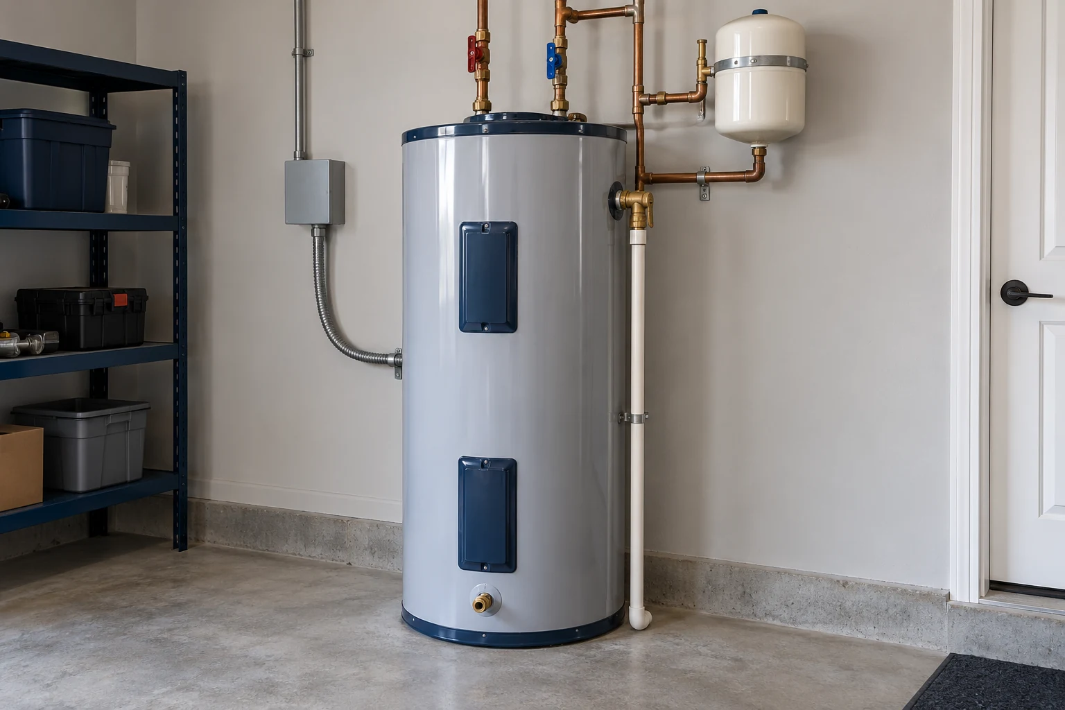 New water heater and neatly arranged plumbing in a utility room