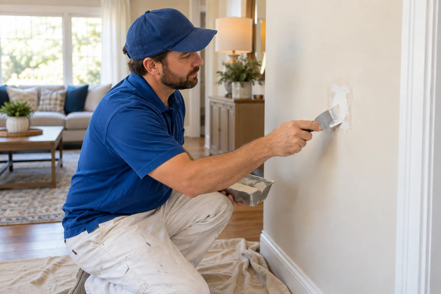 Painter preparing a small wall patch before painting