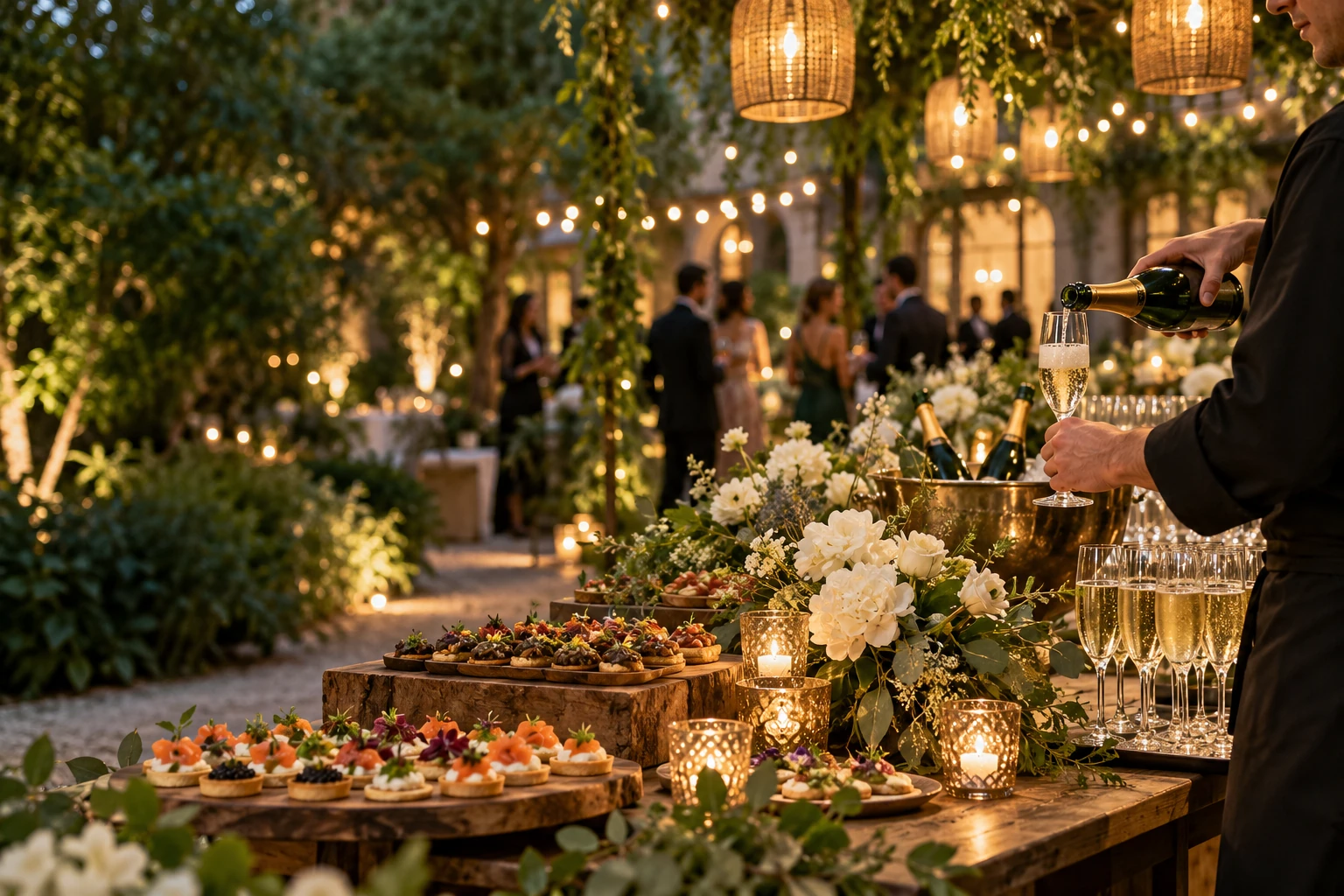 Canapés and sparkling drinks served at a warmly lit garden reception