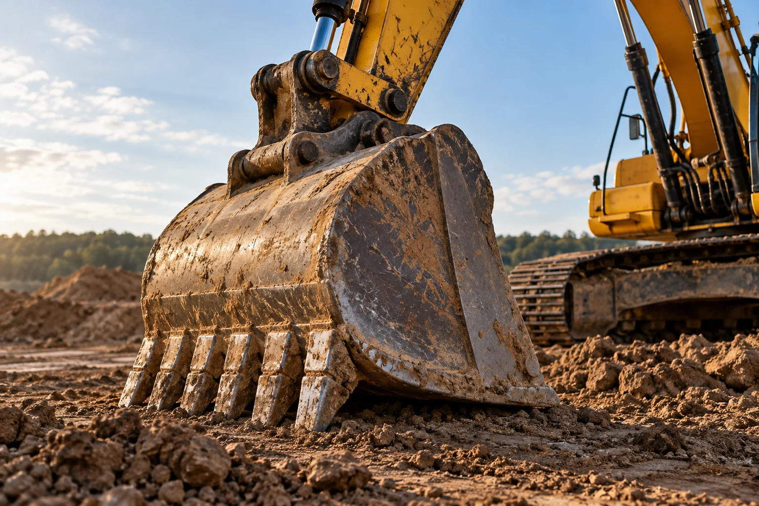 Excavator bucket resting on earth, illustrative equipment detail