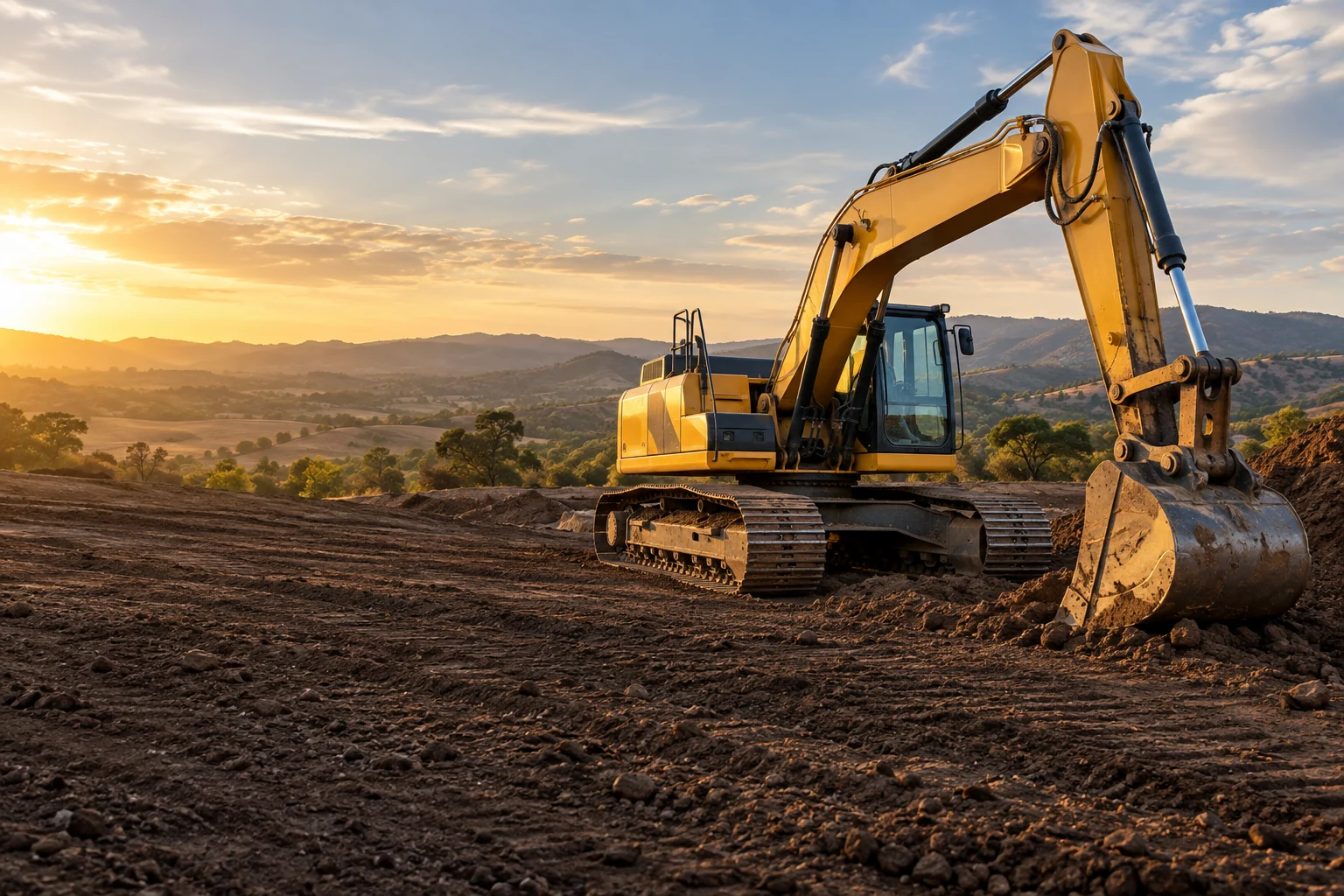Yellow tracked excavator on a graded site, illustrative excavation scene
