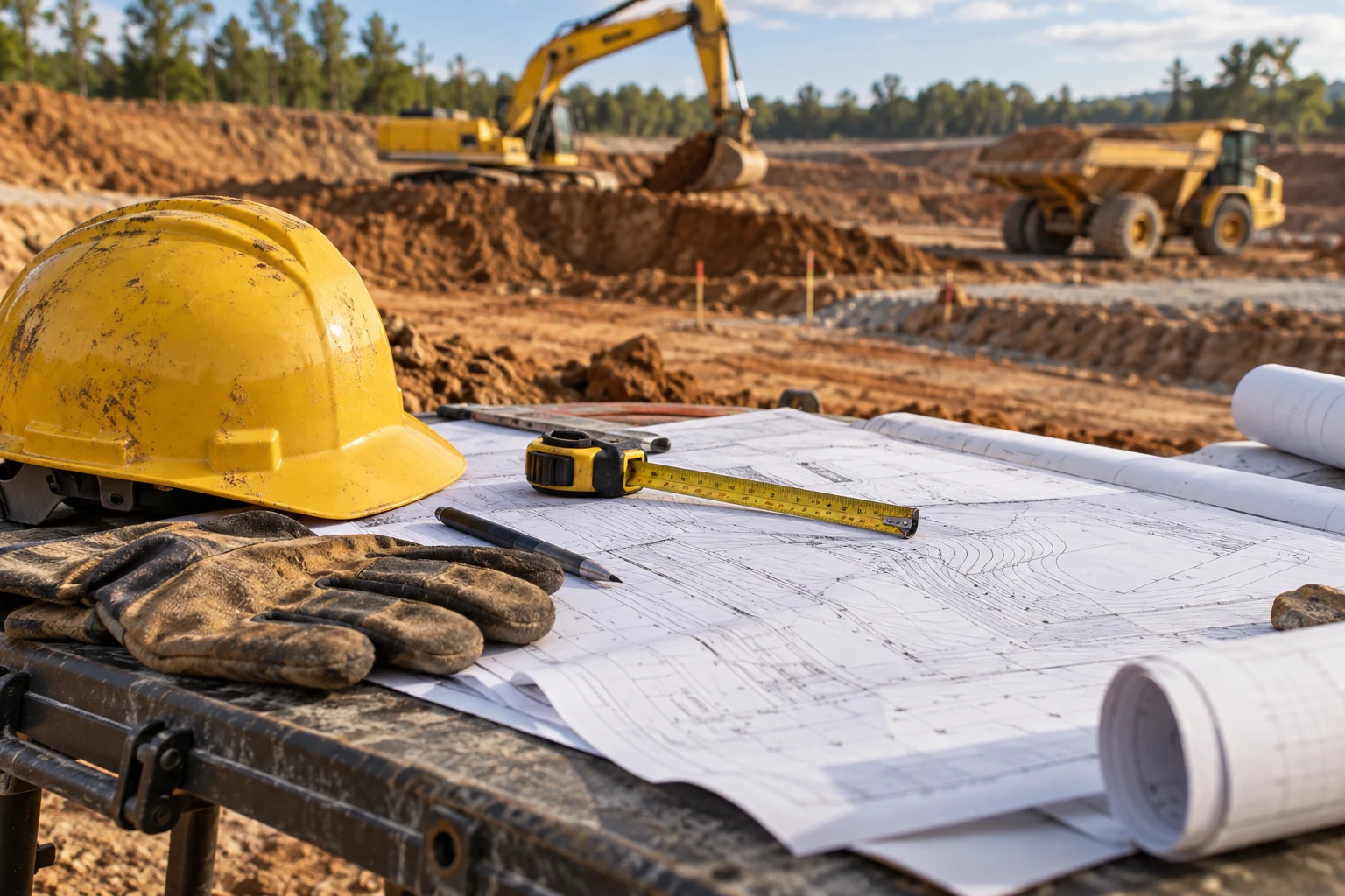 Site plan, measuring tape, and hard hat, illustrative planning photograph
